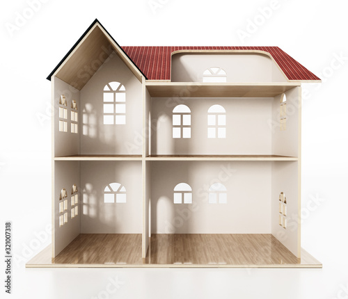 Classic wooden dollhouse isolated on white background. 3D illustration photo
