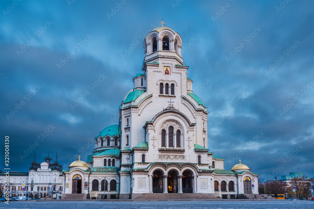 Alexander Nevsky Cathedral in the center of Sofia, the capital of Bulgaria  against the backdrop of a beautiful sky at the blue hour.