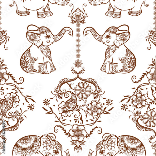 Elephant in eastern ethnic style, traditional indian henna ornament. Seamless pattern, background. Vector illustration..