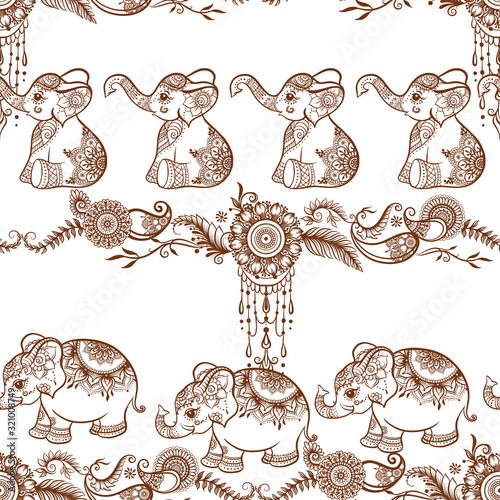 Elephant in eastern ethnic style, traditional indian henna ornament. Seamless pattern, background. Vector illustration..