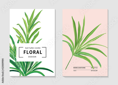 Palm summer tree invitation card template design. Jungle  paradise palm leaf in vector set. Hawaii plant isolated card, vintage foliage on pink background