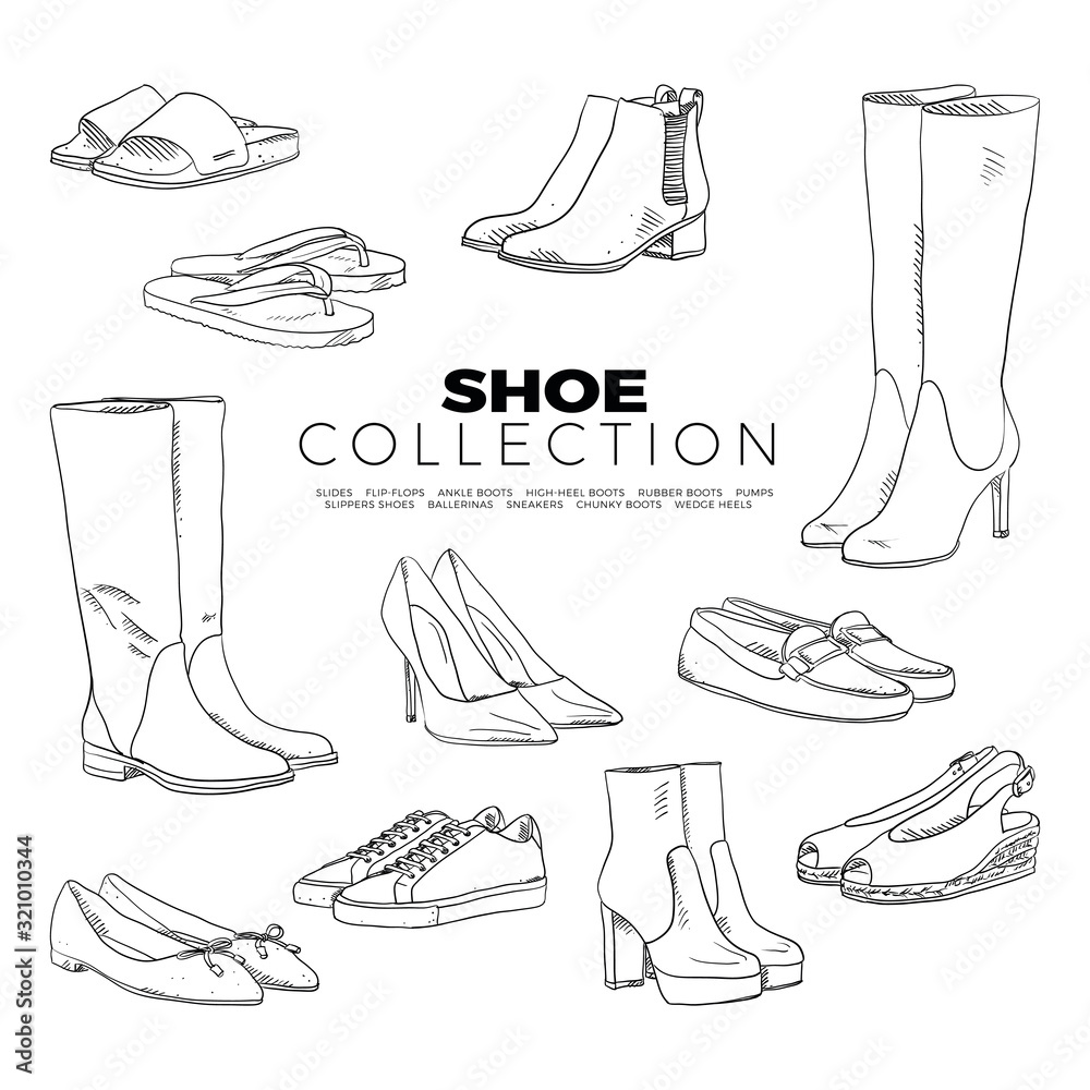 Φωτογραφία Doodle set of Shoe Collection – sneakers, slides, ankle boots, pumps, flip-flops, high-heel, rubber, chunky boots, slippers, ballerinas, wedge heels, hand-drawn