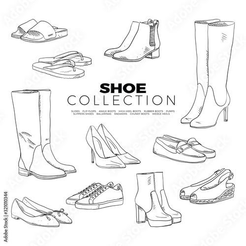 Doodle set of Shoe Collection – sneakers, slides, ankle boots, pumps, flip-flops, high-heel, rubber, chunky boots, slippers, ballerinas, wedge heels, hand-drawn. Vector sketch illustration isolated.