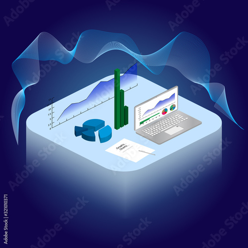 Isometric infographic with charts and graphs on laptop and table. Futuristic 3D projection of graphs for data analysis and revenue growth. Vector EPS 10 on a blue background.