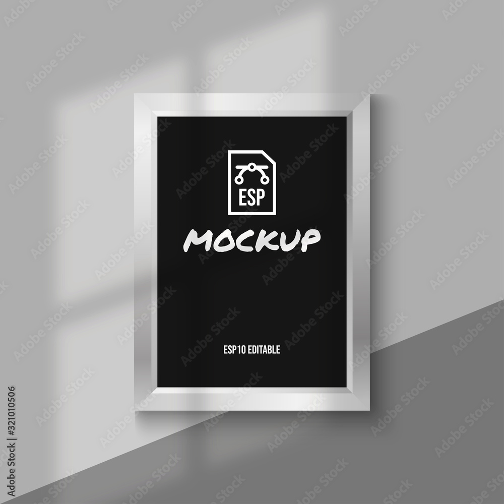Silver photo frame mockup with vertical blank screen, luxury poster template