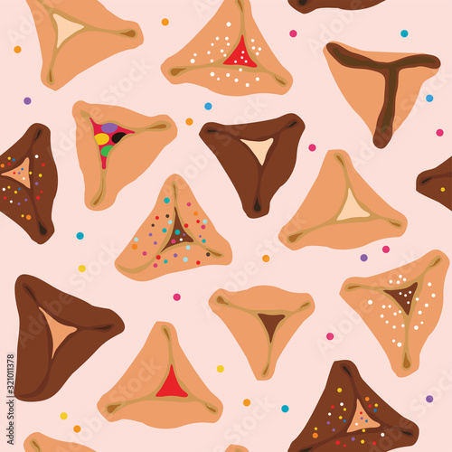 Purim seamless pattern with traditional pastry. jewish holiday
