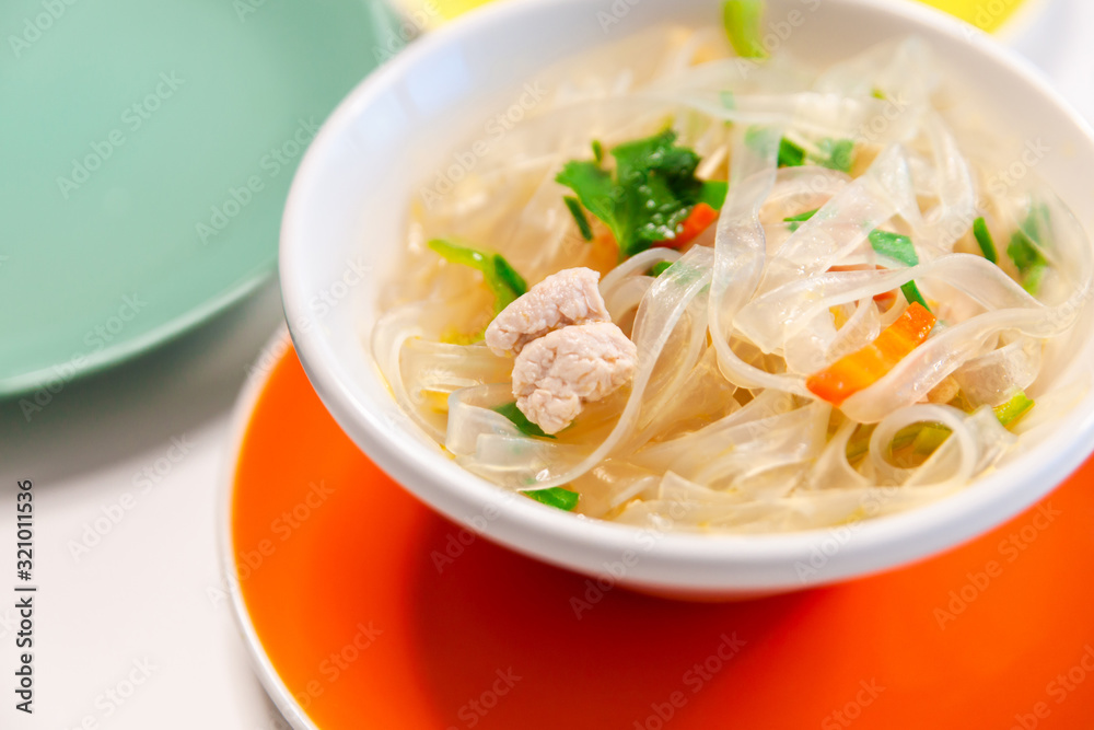 Soup with cellophane noodles, chicken and sweet green pepper. Soup with cellophane noodles, chicken and sweet green pepper.