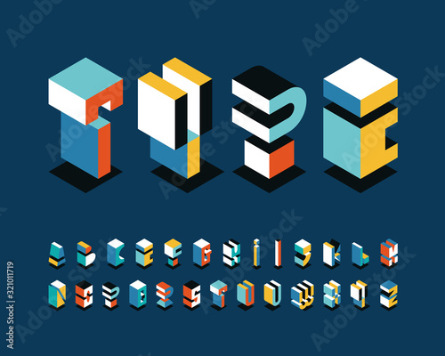 Plakat Isometrical english alphabet, bright shapes' graphical decorative type.