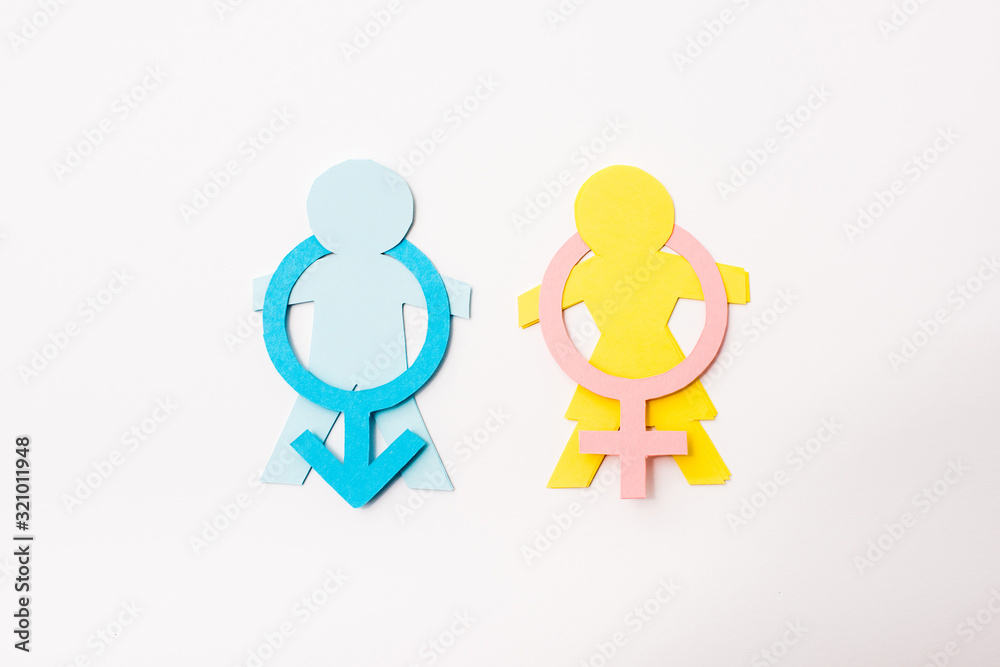 top view of colorful paper cut people near gender signs isolated on white, sexual equality concept top view of colorful paper cut people near gender signs isolated on white, sexual equality concept