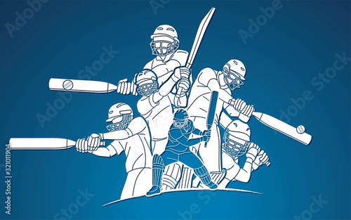 Group of Cricket players action cartoon sport graphic vector.