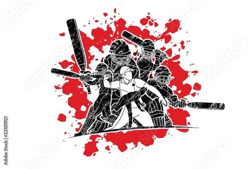 Group of Cricket players action cartoon sport graphic vector.