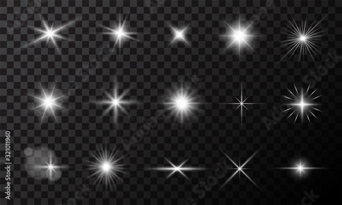 Light effect set isolated on dark transparent background. Lens flare, explosion, glitter, line, sun flash, spark and stars.