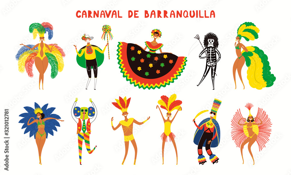Fototapeta premium Set of hand drawn dancing people in bright traditional costumes. Vector illustration. Isolated objects on white background. Flat style design. Element for Barranquilla Carnival poster, flyer, banner.