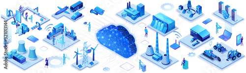 Industrial internet of things infographic horizontal banner, blue neon concept with factory, electric power station, cloud 3d isometric icon, smart transport system, mining machines, data protection