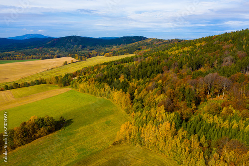 Autumn hilly landscape with colored trees