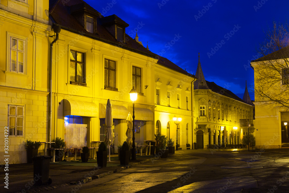 View on night streets of Gyor is colorful landmark of Hungary