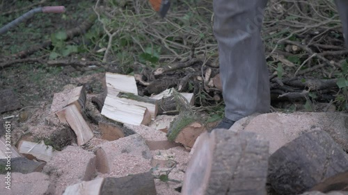 Man with axe chopping log 4K photo