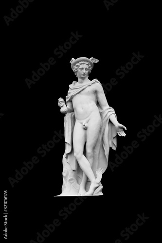Antique god of commerce, merchants and travelers Hermes (Mercury). Ancient statue isolated on black background.