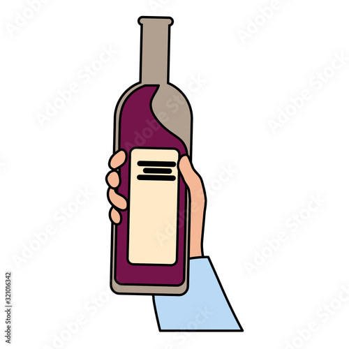 hand holding a bottle wine on white background