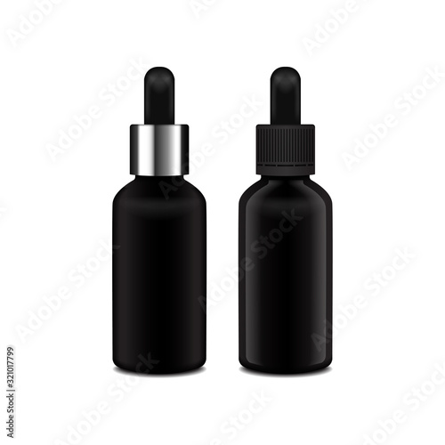 Realistic essential oil. Set of black matte and glossy bottle. Mock up bottle cosmetic or medical vial, flask, flacon 3d illustration