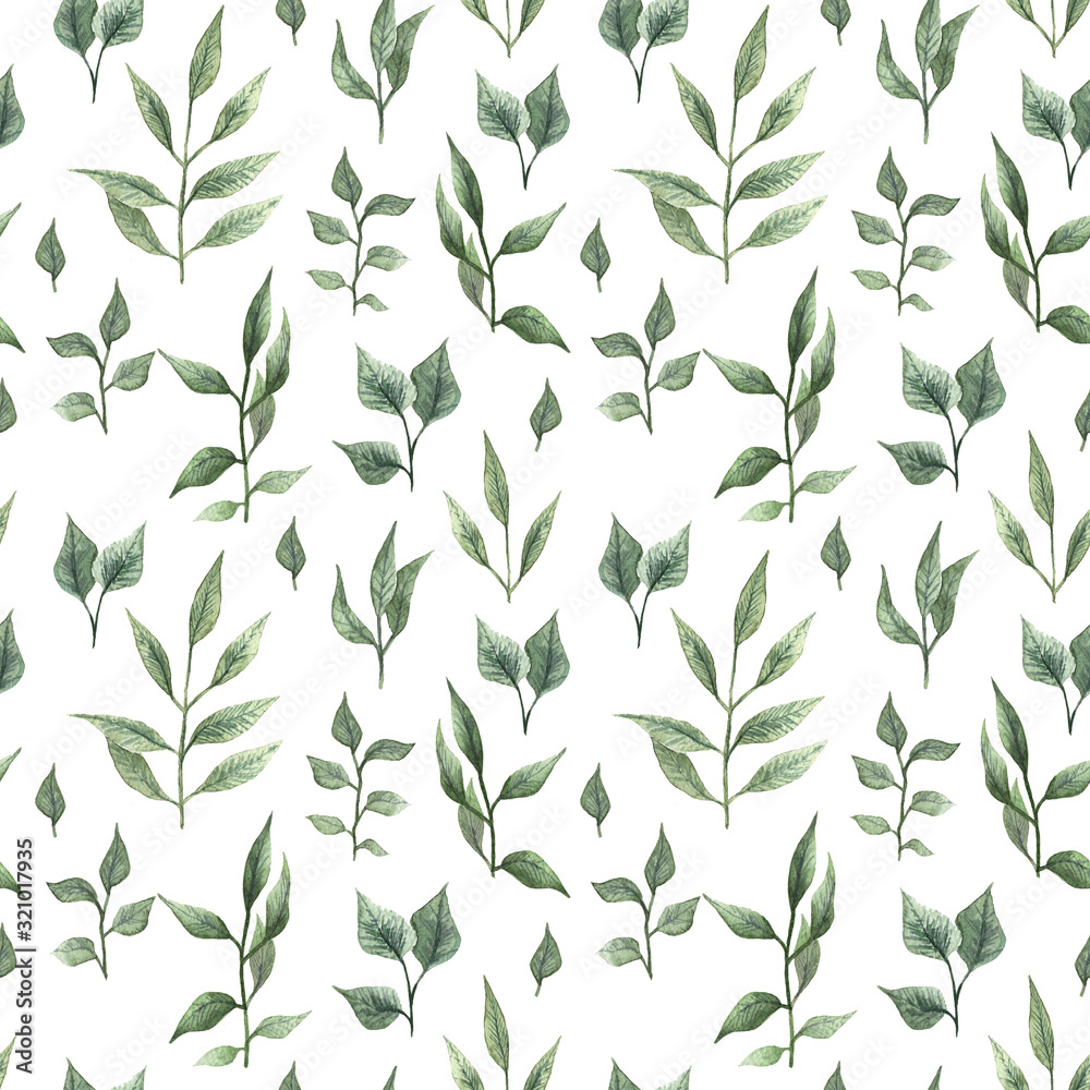 Watercolor seamless pattern with green leaves