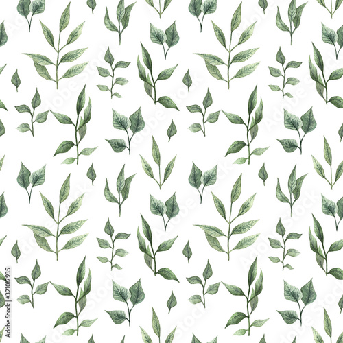 Watercolor seamless pattern with green leaves