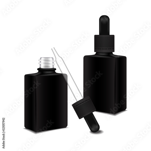 Set of black square closed and open bottle with a dropper cap for essential oil. Mock up cosmetic bottle or medical bottle, flask, bottle 3d illustration