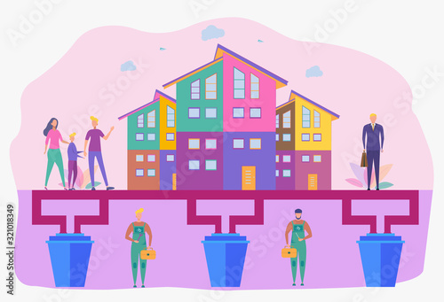 House with sewage system. Plumber repairs sewer, domestic sewage, the concept of sewer systems technology. Colorful vector illustration