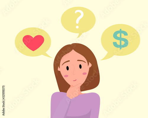 Woman character making choice love or money. Vector flat cartoon illustration