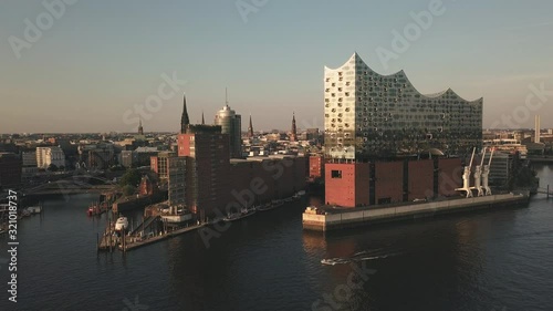 Aerial view of Elbphilharmonie Hamburg in golden hour shot in 4k