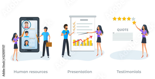 Concept of human resources, recruitment agency and employment process. Searching job. Customer feedback, client review, online service rating or testimonials. Presentation. Flat vector illustration © Olena