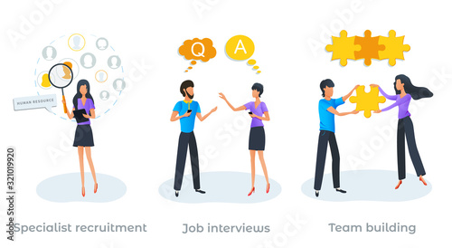 Job interview. Specialist recruitment. Employment service, recruitment process, recruiter searching for candidate to hire. Human resources. New business startup. Team building or teamwork concept..