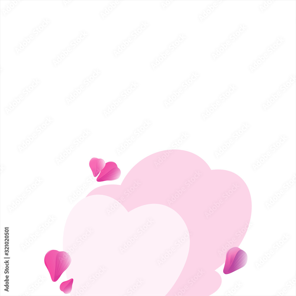 Valentines day card. Pink flying petals and space for text. Hearts. Pink clouds. Vector