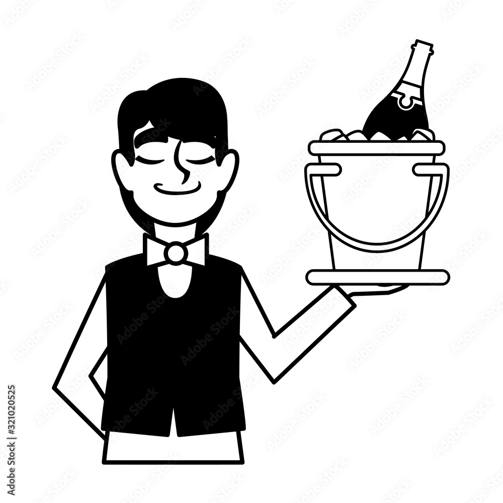 man waiter holding tray with bottle wine on white background man waiter holding tray with bottle wine on white background