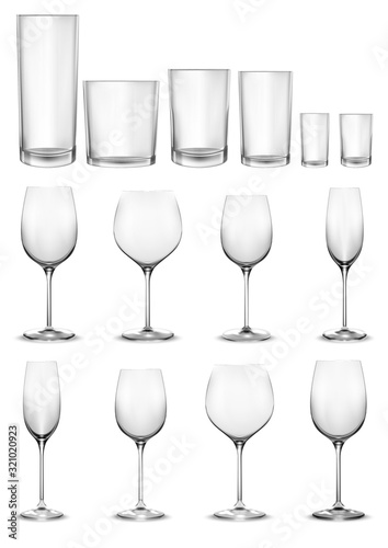 Set of empty glass glasses and wine glasses