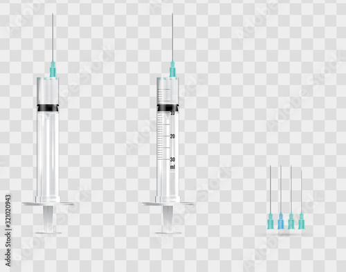 Realistic medical syringes and needles. Vector