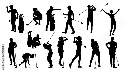 A set of golfer sports people playing golf in various poses