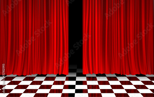 red curtain with black and white floor in the room	