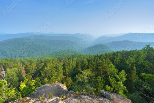 Panoramic view of the Stolby Nature Reserve in Krasnoyarsk from the mountain