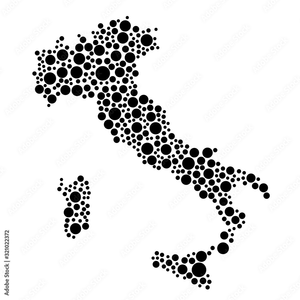 Italy map from black circles of different diameters or spots, blotches, abstract concept geometric shape. Vector illustration. Italy map from black circles of different diameters or spots, blotches, abstract concept geometric shape. Vector illustration.
