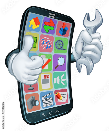 A mobile phone repair service or perhaps plumber or mechanic app cartoon character mascot holding spanner and giving a thumbs up.