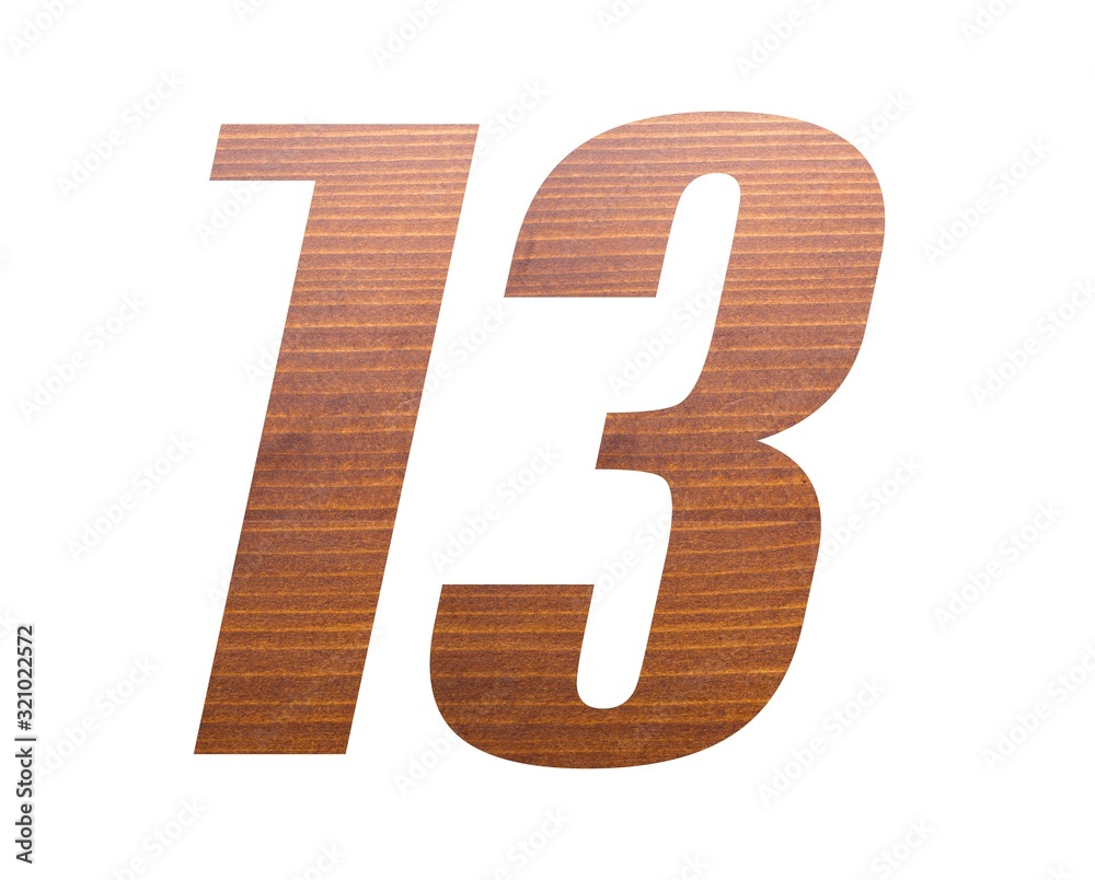Number 13 with brown wooden texture on white background. Number 13 with brown wooden texture on white background.