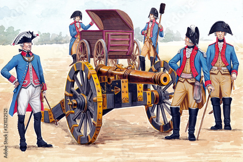 German artillery crew illustration. Soldiers and officers before the battle. Cannon illustration.	