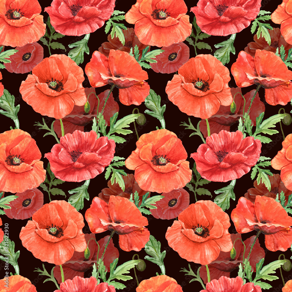 Red poppy seamless pattern. Watercolor wild flowers print for design. Floral meadow illustration on dark background. Botanical wallpaper