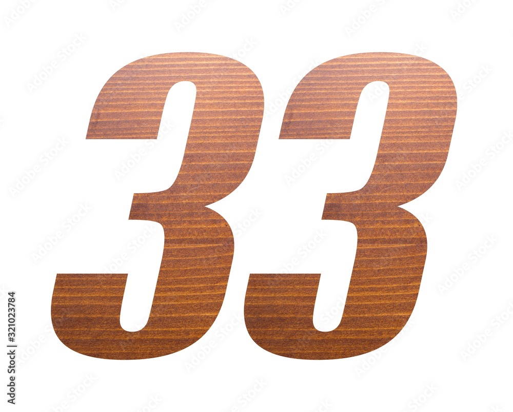 Number 33 with brown wooden texture on white background. Number 33 with brown wooden texture on white background.