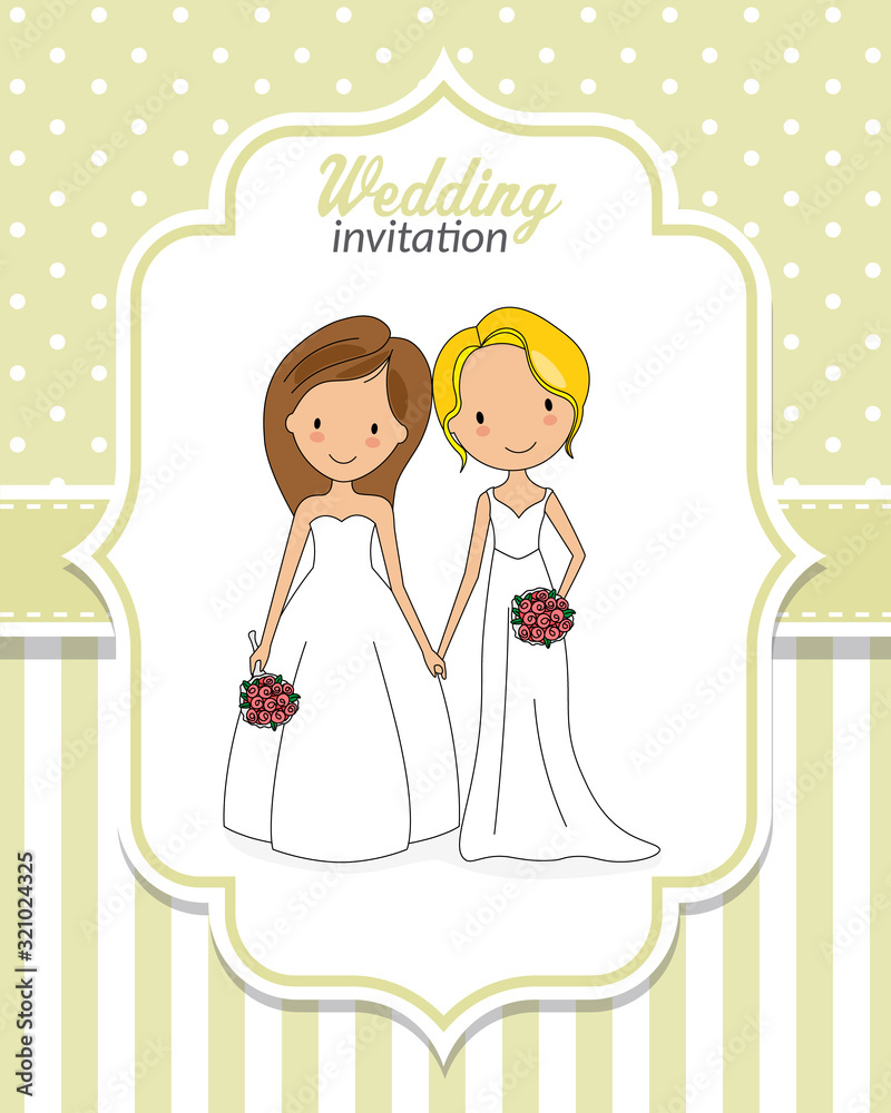 Gay marriage wedding invitation. Two women holding hands Gay marriage wedding invitation. Two women holding hands