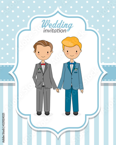 Gay marriage wedding invitation. Two men holding hands