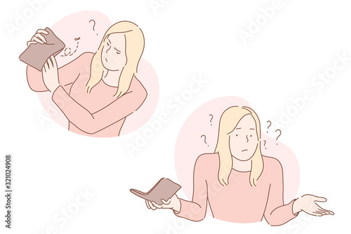 Bankruptcy, thievery, ruin set concept. Young woman has ruined with her business. Perplexed girl was robbed by thief. Businesswoman has no money and is considered as bankrupt. Simple flat vector.