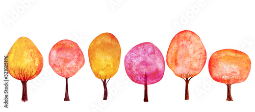 Autumn orange red gold trees set background. Watercolor cartoon colorful fresh tree collection
