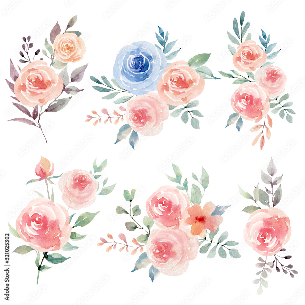 Fototapeta premium Watercolor flowers set in vintage style.